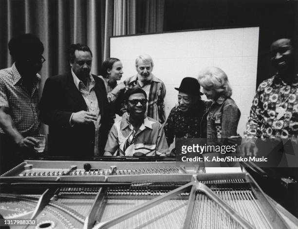 Duke Ellington, Charles Mingus And Earl Hines after recording party at rca, NYC, RCA studio, New York, United States, 1973.