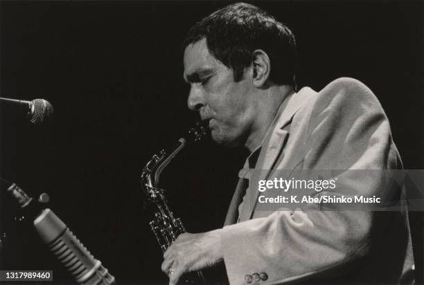 Art Pepper plays the alto sax eyes closed from side, Tokyo, Tokyo, Japan, 1981.