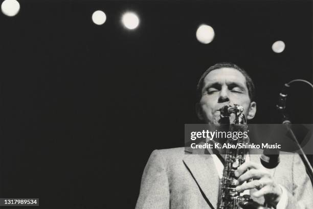 Art Pepper plays the alto sax eyes closed from front, Tokyo, Tokyo, Japan, 1981.