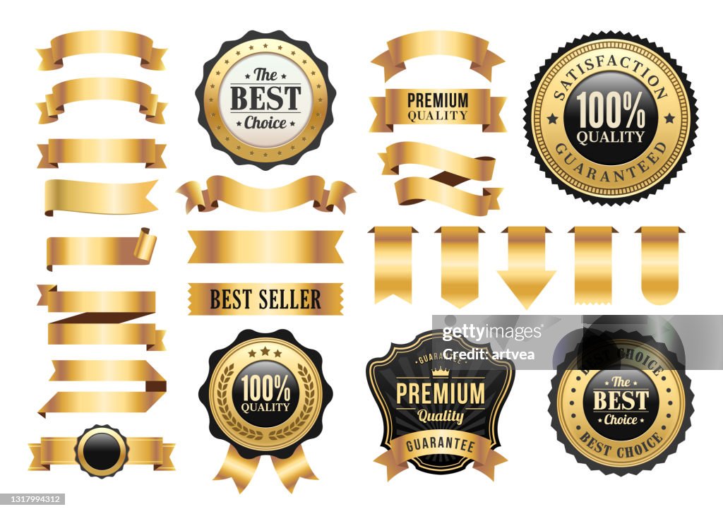 Emblemas de ouro e fitas definidas