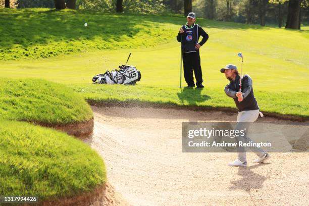 Eddie Pepperell of England plays a bunker shot for his third shot on the sixteenth hole during the Third Round of The Betfred British Masters hosted...