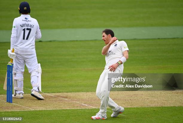 James Harris of Middlesex celebrates the wicket of Sam Northeast of Hampshire during Day 2 of the LV= Insurance County Championship match between...