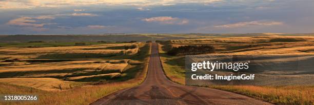 gravel road on the prairie with dramatic storm clouds - great plains stock pictures, royalty-free photos & images