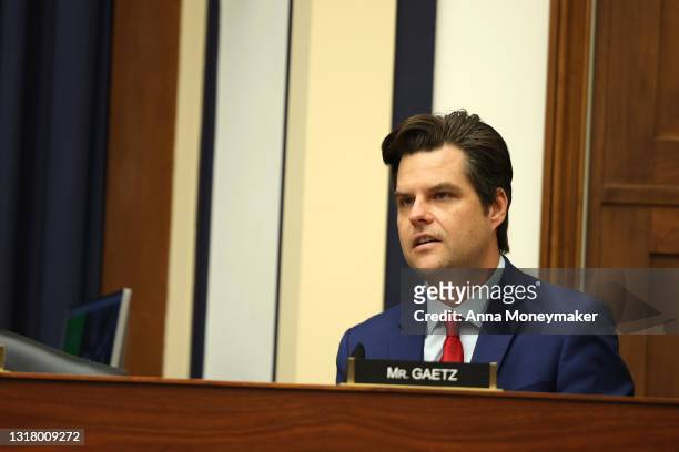 Rep. Matt Gaetz asks a question during a hearing with the House Armed Services Subcommittee on Cyber, Innovative Technologies, and Information System...