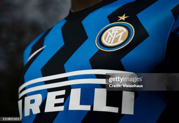 The Inter Milan badge on their first team home shirt on May 4, 2020 in Manchester, United Kingdom.