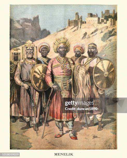 stockillustraties, clipart, cartoons en iconen met menelik ii, keizer van ethiopië, 19e eeuw - ethiopië