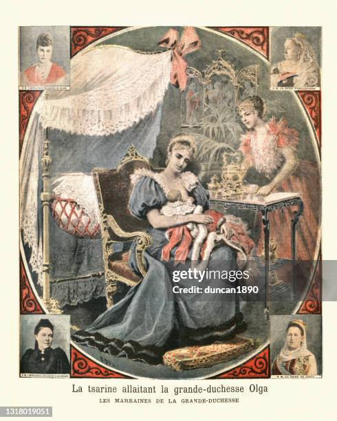 ilustraciones, imágenes clip art, dibujos animados e iconos de stock de la emperatriz alexandra feodorovna de rusia amamantando a la gran duquesa olga nikolaevna - gran duquesa olga nikoláyevna de rusia