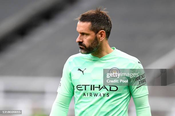 Scott Carson of Manchester City looks on during the Premier League match between Newcastle United and Manchester City at St. James Park on May 14,...