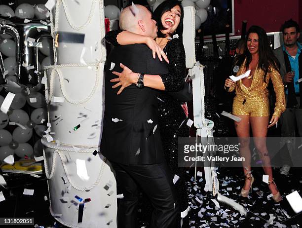 Pitbull, Ana Carolina and Nayer arrive at rapper Pitbull's 30th birthday celebration at Club Play after Nayer sing Happy Birthday to Mr. 305 and Ana...