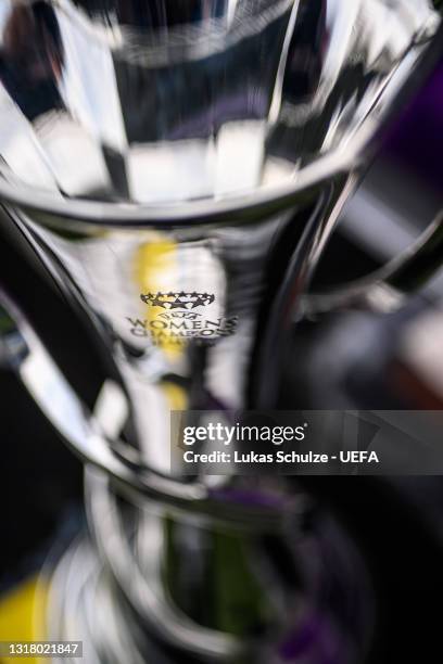 General view of the trophy ahead of the UEFA Women's Champions League Final match between Chelsea FC and Barcelona at Gamla Ullevi on May 14, 2021 in...