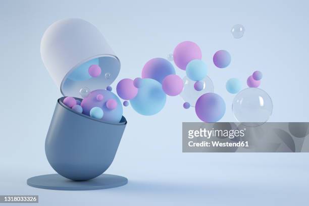 three dimensional render of various bubbles floating out of opened capsule - three dimensional stock illustrations
