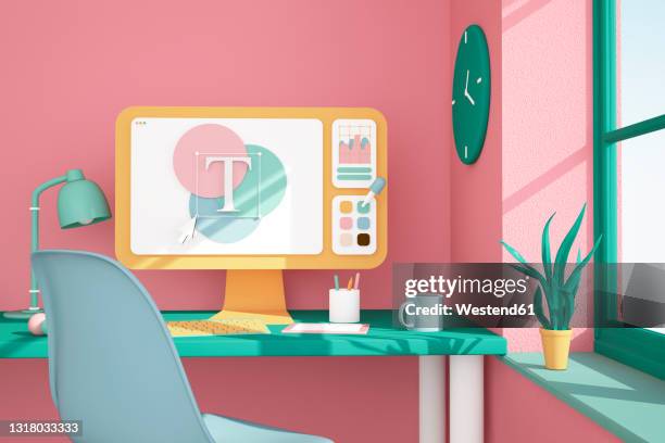 ilustraciones, imágenes clip art, dibujos animados e iconos de stock de three dimensional render of desk with computer monitor displaying graphic editing program - desk lamp