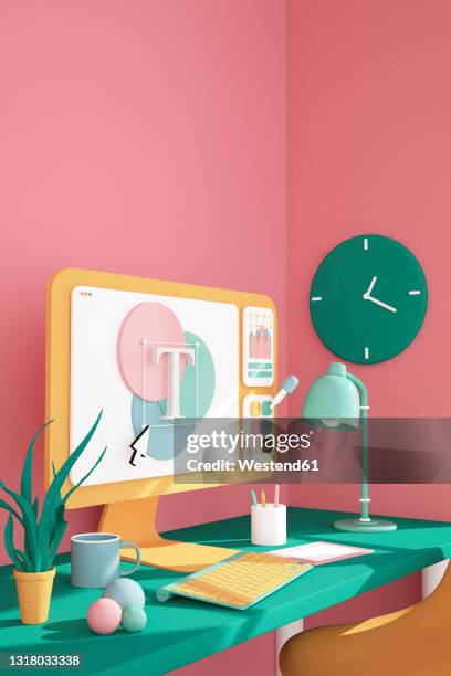 three dimensional render of desk with computer monitor displaying graphic editing program - business inspiration stock illustrations