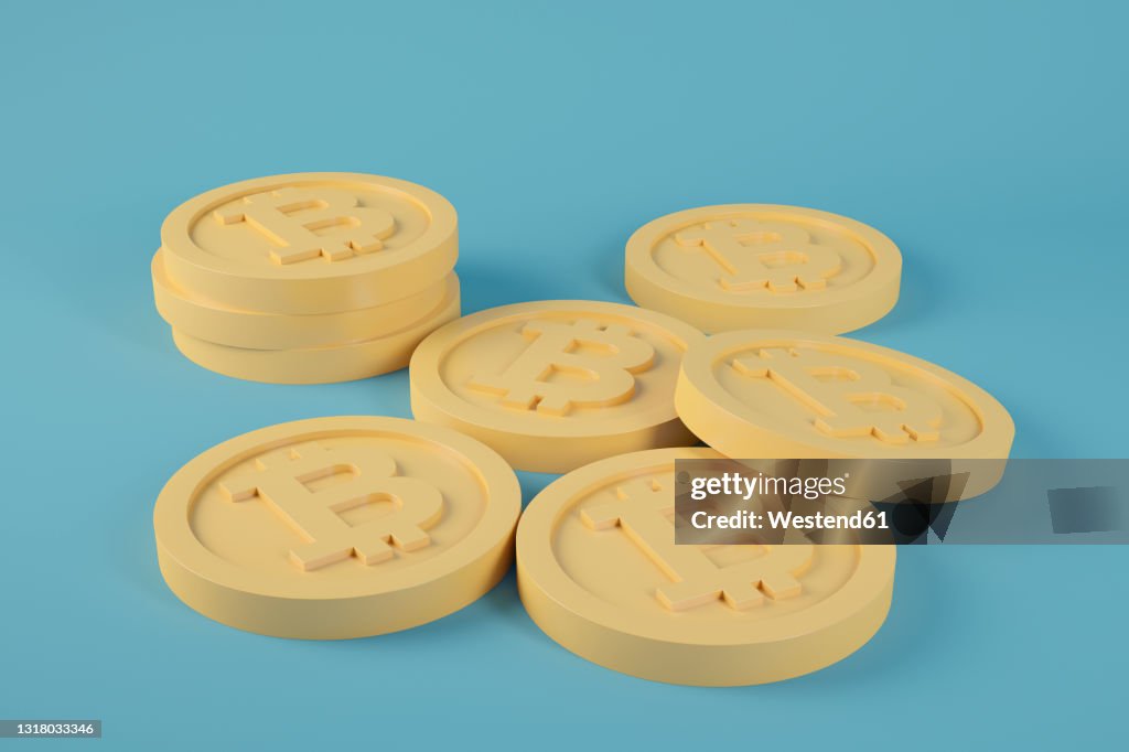 Three dimensional render of group of Bitcoins