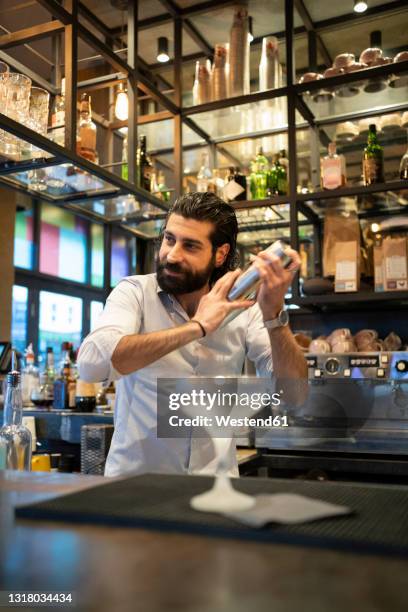 young bartender mixing drink in cocktail shaker at bar - hipster barkeeper stock pictures, royalty-free photos & images