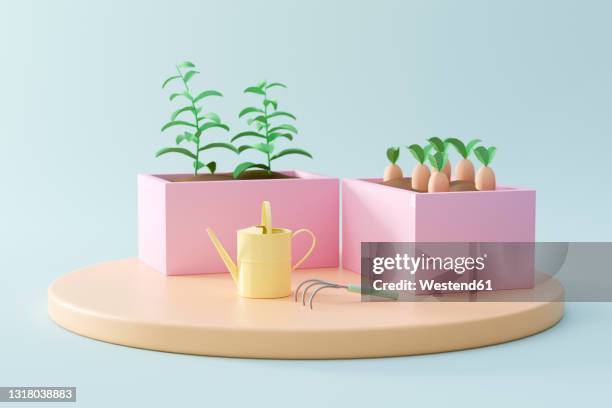 ilustraciones, imágenes clip art, dibujos animados e iconos de stock de three dimensional render of vegetables planted in raised beds - 3d plant
