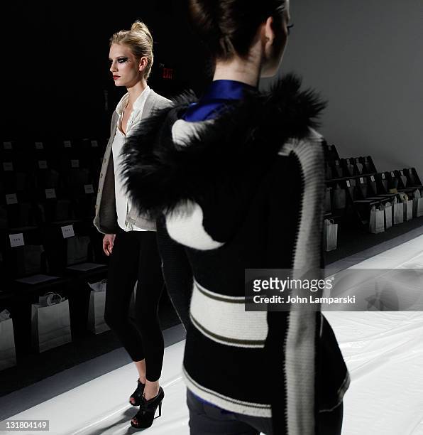 Model walks the runway ahead of the Venexiana Fall 2011 presentation during Mercedes-Benz Fashion Week at The Studio at Lincoln Center on February...