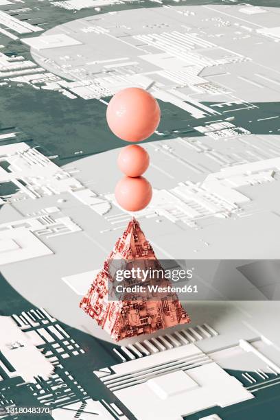 pink abstract pyramid with three spheres balancing on top against futuristic three dimensional background - top angle stock illustrations