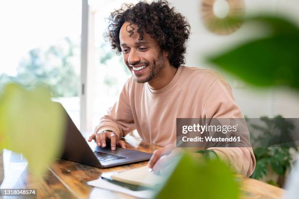 cheerful businessman writing in diary while using laptop at home - 2021 planner stock pictures, royalty-free photos & images