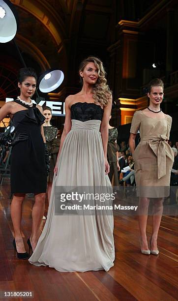 Jennifer Hawkins showcases designs by Matthew Eager on the catwalk during the finale at the Myer Autumn/Winter Season Launch 2011 Show at The Royal...