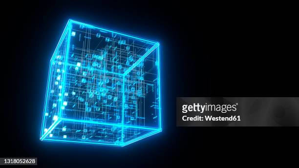 three dimensional render of blue glowing blockchain cube - technology stock illustrations