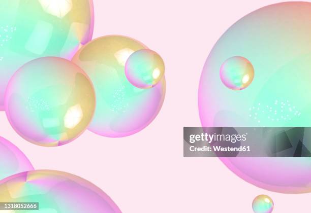 three dimensional render of bubbles floating against pink background - soap sud stock illustrations