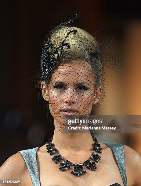 Model showcases designs by Matthew Eager on the catwalk during the finale at the Myer Autumn/Winter Season Launch 2011 Show at The Royal Exhibition...