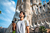 Mid Adult Male Tourist with Smart Phone in Barcelona