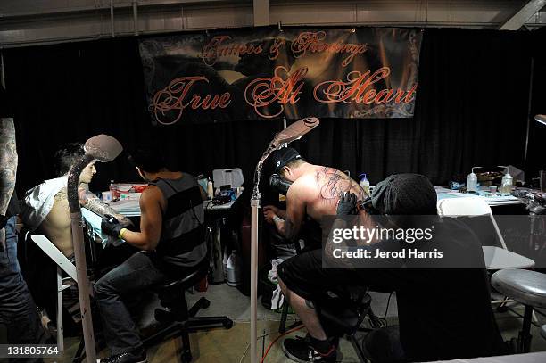 Steve Rasmussen gets tattooed by tattoo artist Vance Freeman at the 4th Annual MUSINK Tattoo Convention & Music Festival at OC Fair and Event Center...