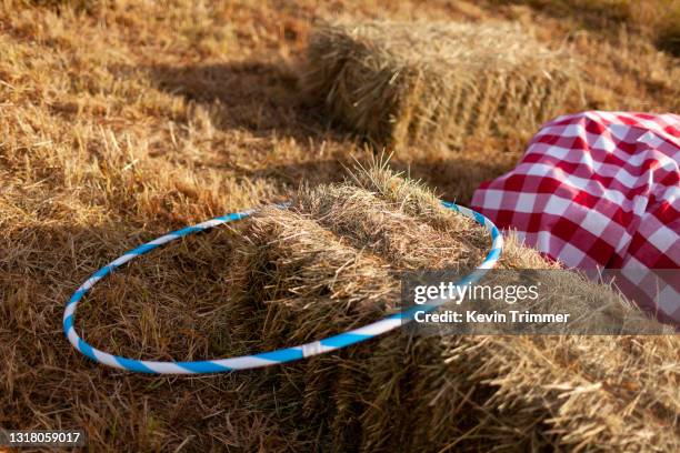 hay bales with hula hoop and red gingham tablecloth - red hot summer party foto e immagini stock