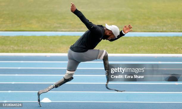 Blake Leeper trains at UCLA's Drake Stadium on May 13, 2021 in Los Angeles, California. Leeper is an eight-time Paralympic Track and Field...