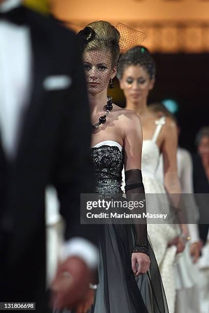Model showcases designs by Matthew Eager on the catwalk during the finale at the Myer Autumn/Winter Season Launch 2011 Show at The Royal Exhibition...