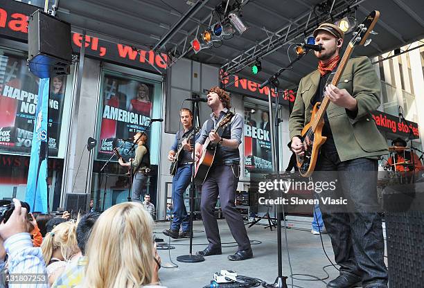 Dave Tirio, Tim Lopez, Tom Higgenson, Mike Retondo and De'Mar Hamilton of Plain White T's attend FOX & Friends at FOX Studios on May 27, 2011 in New...