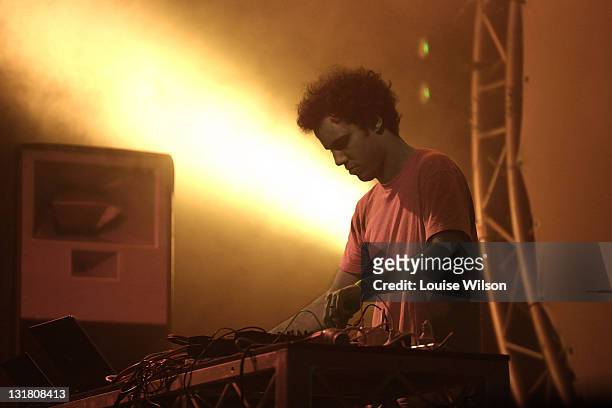 Kieran Hebden of Four Tet fame performs a DJ set during day two of the Playground Weekender Music Festival at Wisemans Ferry on February 18, 2011 in...