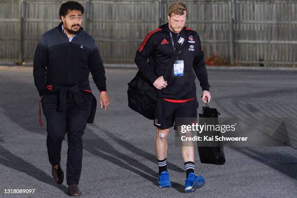 Isileli Tu'ungafasi and Brendon O'Connor of the Crusaders arrive for the round one Super Rugby Trans-Tasman match between the Crusaders and the ACT...