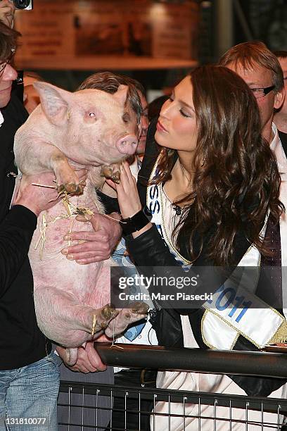 Miss France Laury Thilleman visits Salon De L'Agriculture at Parc des Expositions Porte de Versailles on February 23, 2011 in Paris, France.