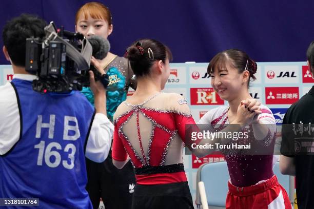 Aiko Sugihara is congratulated by Asuka Teramoto after being selected as a member of the Team Japan for the 2020 Tokyo Olympic Games on day one of...