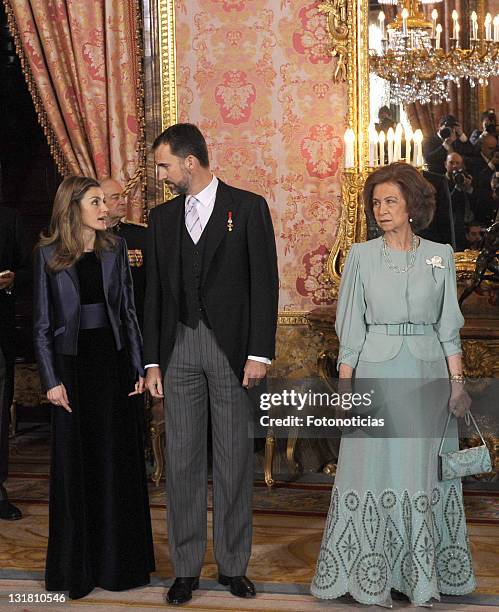 Princess Letizia of Spain, Prince Felipe of Spain and Queen Sofia of Spain receive foreign ambassadors at The Royal Palace on January 18, 2011 in...