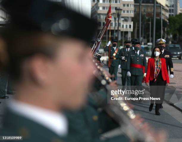 The Minister of Defence, Margarita Robles, attends the flag raising ceremony on the occasion of San Isidro Day in the Jardines del Descubrimiento in...