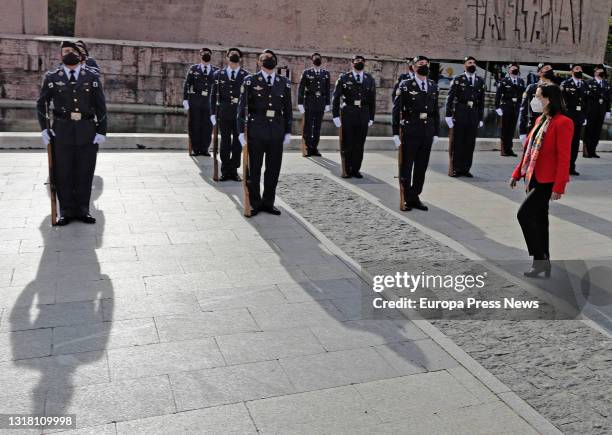 The Minister of Defence, Margarita Robles, attends the flag raising ceremony on the occasion of San Isidro Day in the Jardines del Descubrimiento in...