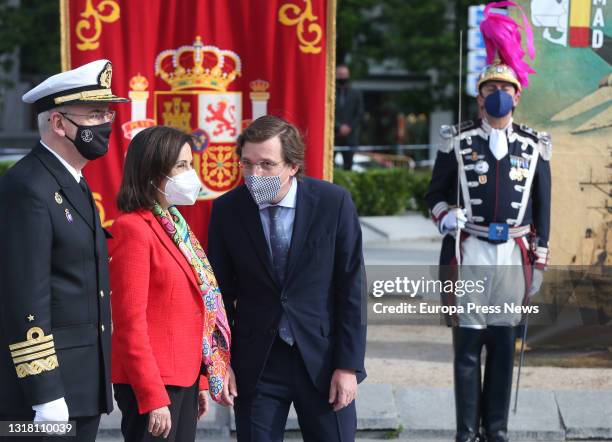 The Minister of Defence, Margarita Robles, and the Mayor of Madrid, Jose Luis Martinez Almeida, during the raising of the flag on the occasion of San...