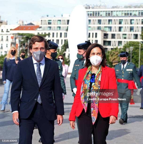 The Minister of Defence, Margarita Robles, and the Mayor of Madrid, Jose Luis Martinez Almeida, during the raising of the flag on the occasion of San...