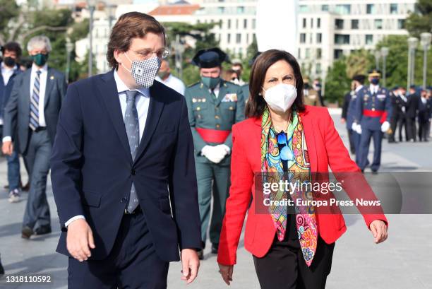 The Minister of Defence, Margarita Robles, and the Mayor of Madrid, Jose Luis Martinez Almeida, during the raising of the flag on the occasion of San...