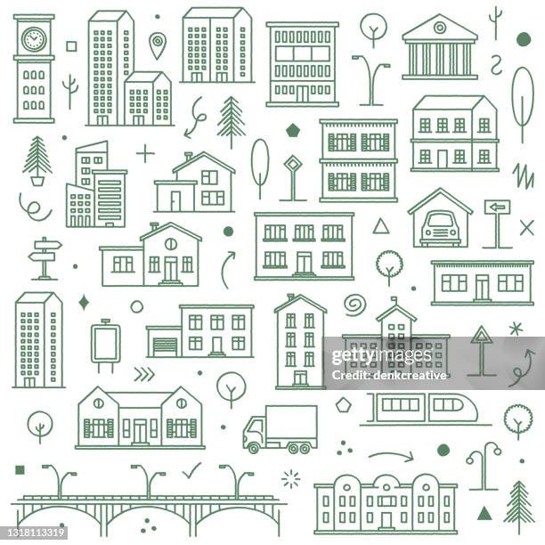 gebäude & architektur doodle muster illustration - gebäudefront stock-grafiken, -clipart, -cartoons und -symbole