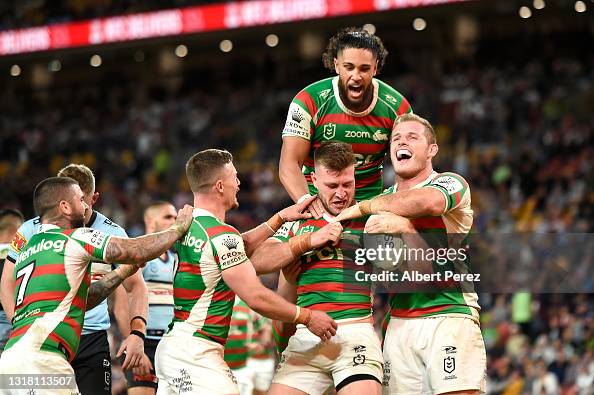 Jai Rabbithoes Jai Arrow of the Rabbitohs celebrates scoring a try during the round ...