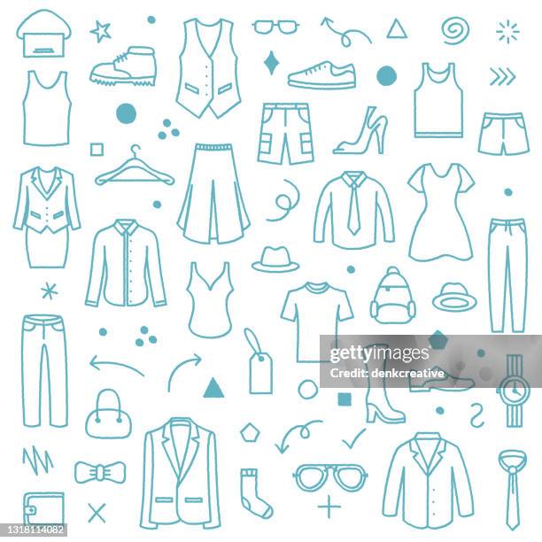 kleidung store front doodle muster illustration - schnittmuster stock-grafiken, -clipart, -cartoons und -symbole