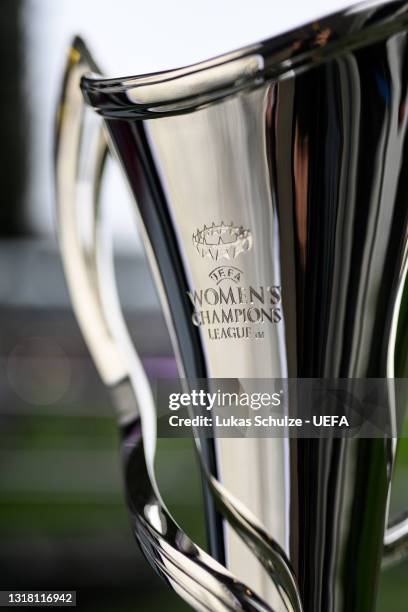 General view of the trophy in the stadium ahead the UEFA Women's Champions League Final match between Chelsea FC and Barcelona at Gamla Ullevi on May...