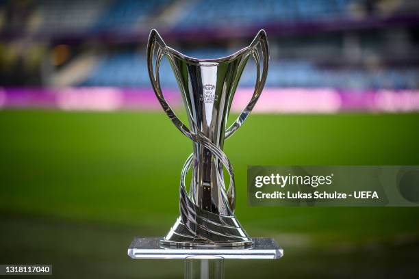 General view of the trophy in the stadium ahead the UEFA Women's Champions League Final match between Chelsea FC and Barcelona at Gamla Ullevi on May...