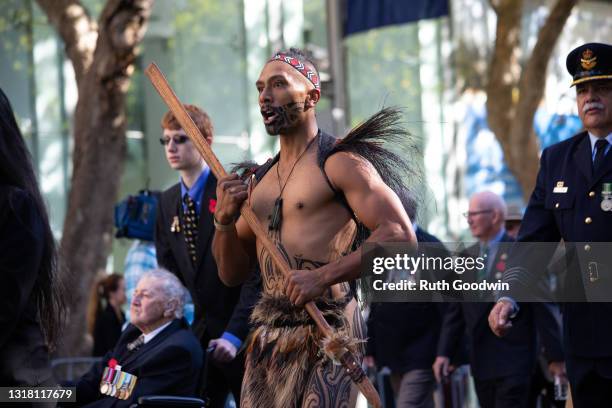 Maori warrior in traditional dress leads the New Zealand veterans in the Anzac Day Parade through Sydney CBD, on April 25, 2021 in Sydney, Australia....