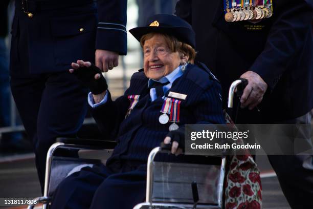 Air Force Veteran and centenarian Iris Terry marches in the Anzac Day Parade through Sydney CBD, on April 25, 2021 in Sydney, Australia. Anzac Day is...